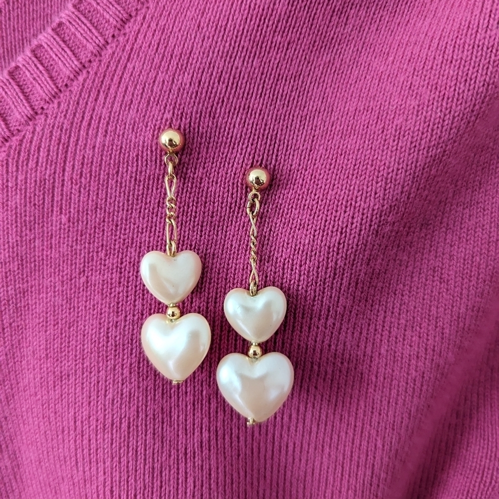 💕 Hearts 2 Faux Pearls Earrings post backs drop dangle pretty Valentine's Day